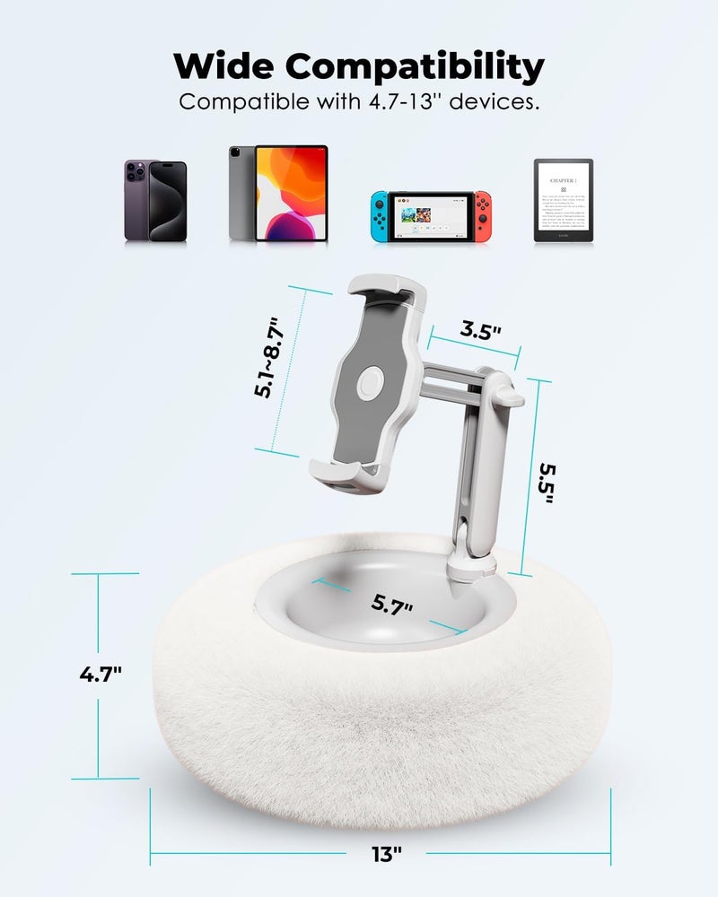 Viozon Tablet Stand Pillow, Compatible with 4.7"-13" Phone/Tablet, iPad, iPhone, Samsung, Google, Kindle, 360°Adjustable Phone Holder for Bed with Soft Plush Fabric, and Detachable Bowl, White - Image 3